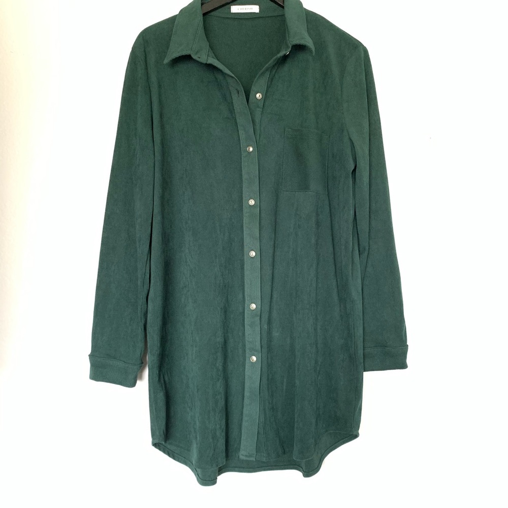 Corduroy High Low Button Down Shirt Hunter Green